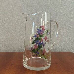 Artist Signed J Walsh Wild Violets Glass Juice Water Tea Pitcher Made In France
